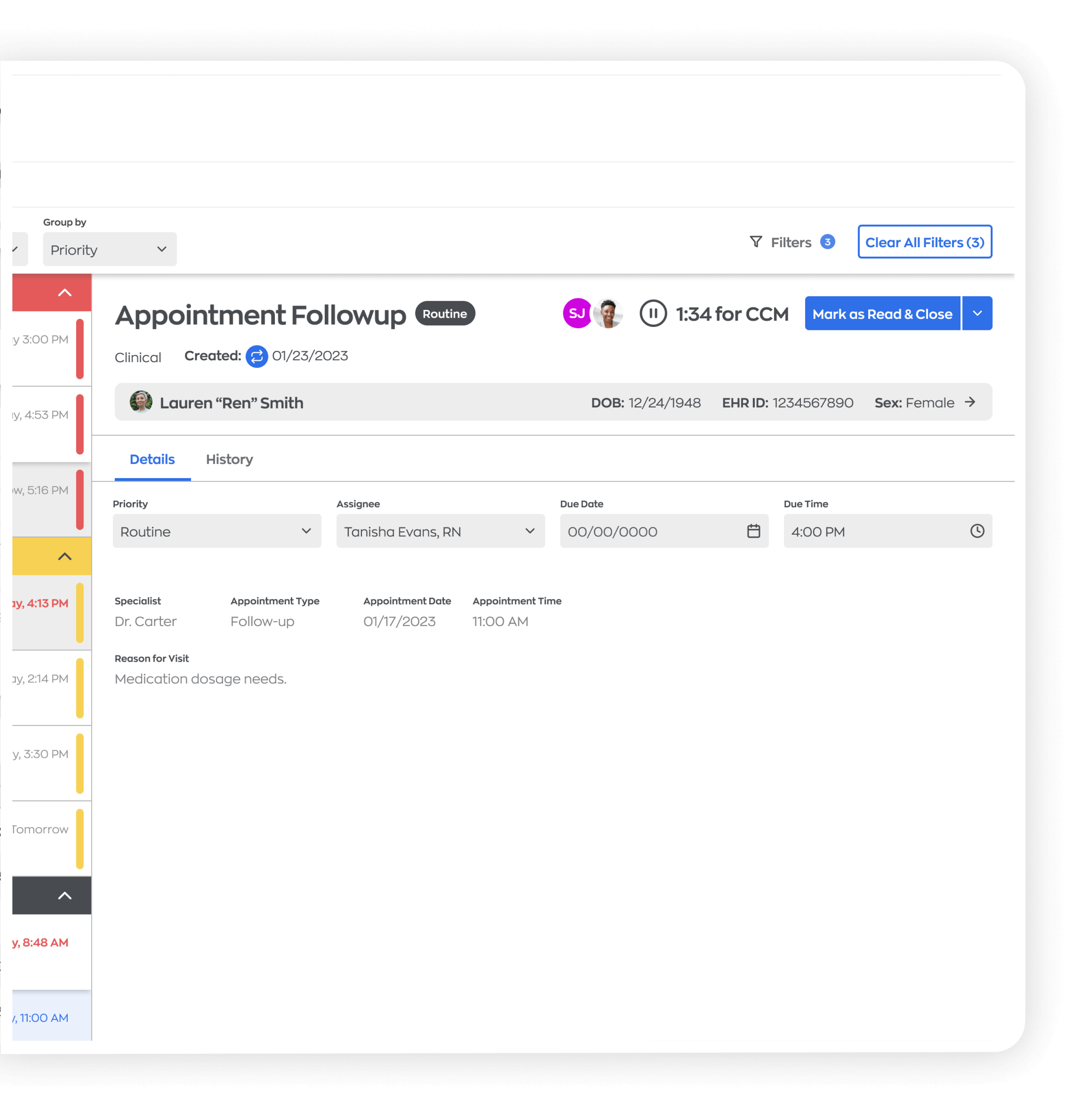 Tasks page - Appointment followup