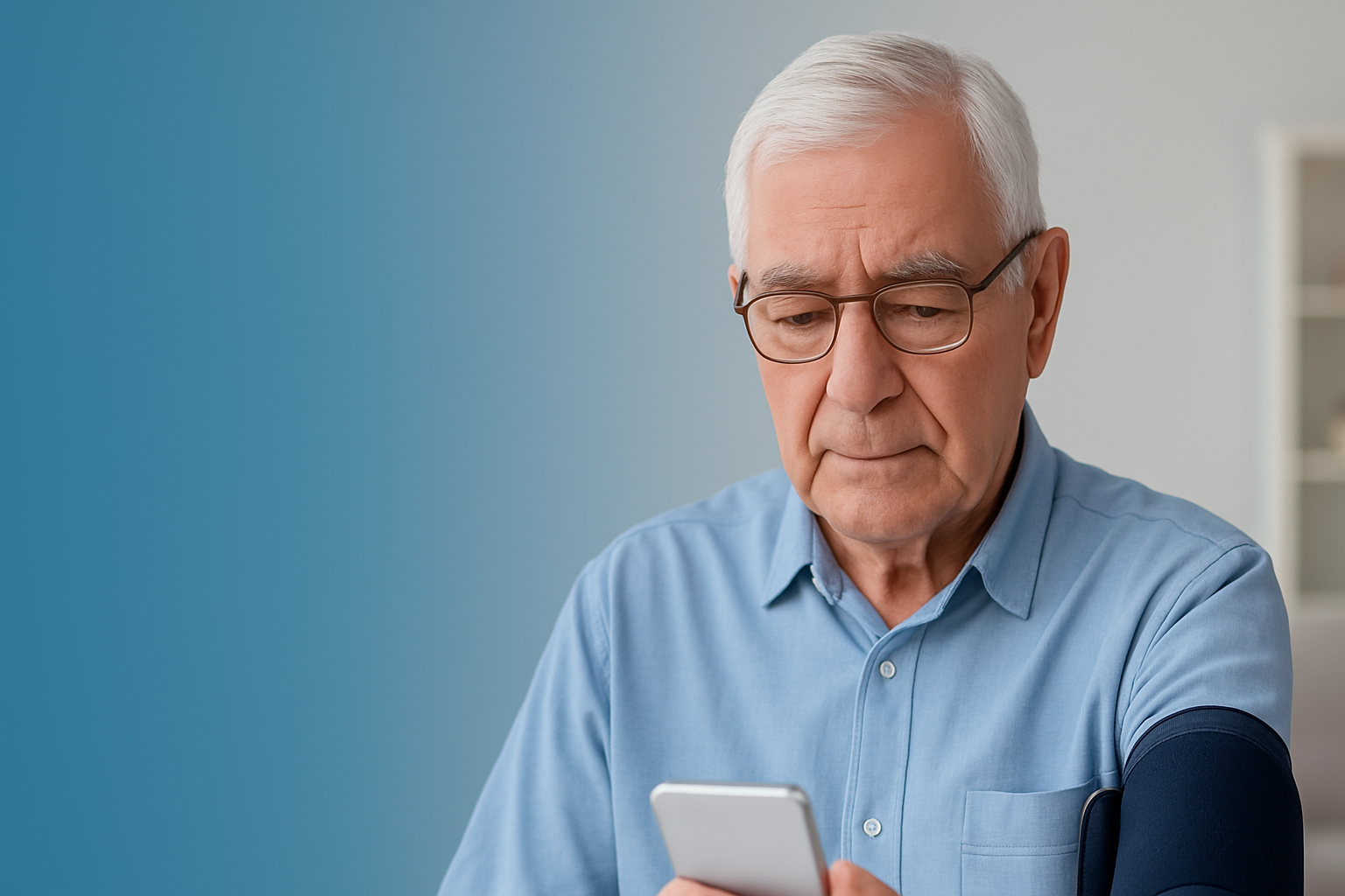 Older man with white hair and glasses sits at a table checking his blood pressure with a navy cuff on his arm, looking at his smartphone. A semi-transparent blue gradient covers the left side of the image, leaving space for text, while a modern living room is softly blurred in the background.