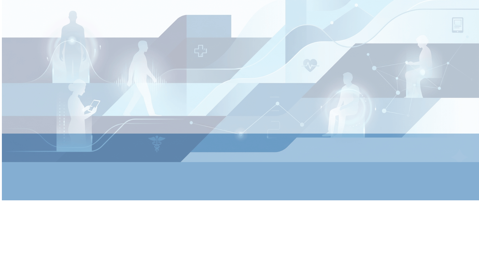 A blue and white graphic. Below, abstract charts and lines are intertwined with silhouettes of people in various poses, such as walking, holding a tablet, and sitting, all integrated with glowing digital interfaces, heartbeat symbols, and medical icons. The overall design is modern and technological, using various shades of blue to depict healthcare data and patient access.