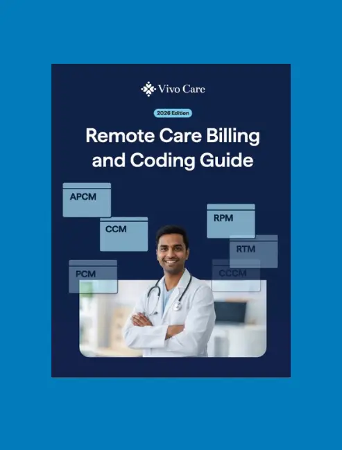 rovider on front page surrounded by various remote care program titles with title of Remote Care Billing and Coding Guide from Vivo Care 2026