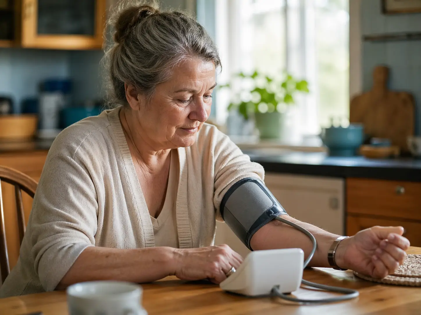 Older woman taking blood pressure at her kitchen table
