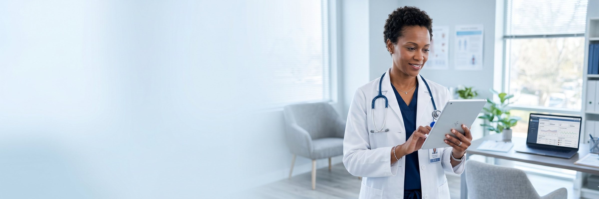 Primary care physician reviewing patient data on a tablet in a bright clinic, illustrating how APCM reduces administrative burden