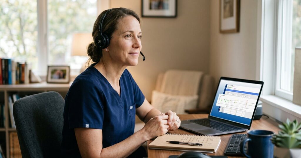 Vivo Care remote patient monitoring care navigator on a headset call from a home office