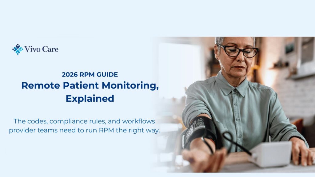 Senior woman checking her blood pressure at home with a connected monitor, illustrating remote patient monitoring.