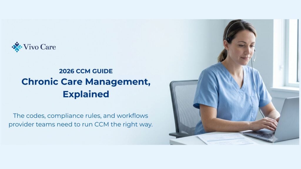 Nurse in blue scrubs with a headset reviewing a patient care plan on a laptop, Vivo Care 2026 chronic care management guide