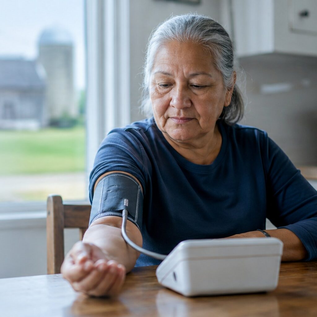 Older woman taking a home blood pressure reading with a connected monitor