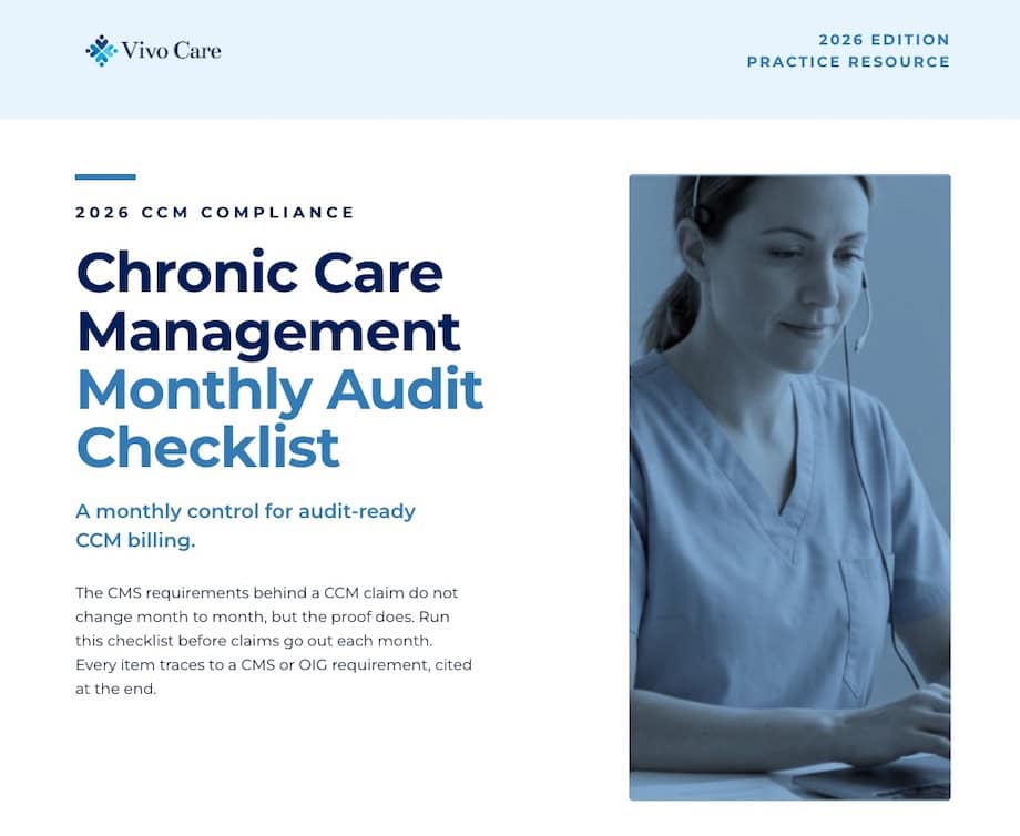 Cover of the Vivo Care 2026 Chronic Care Management Monthly Audit Checklist